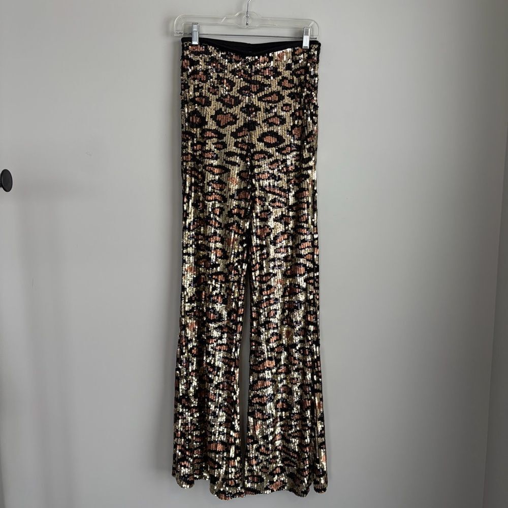 Show Me Your MuMu Gretta Flare Pants in Party Cheetah Sequins Metallic Shiny